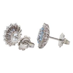 Pair of 18ct white gold aquamarine and diamond stud earrings, hallmarked, total aquamarine weight approx 1.65 carat, total diamond weight approx 0.60 carat