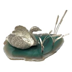 Modern silver model of a Swan swimming on a stylized agate slice pond amongst Bulrush, hallmarked Jon Braganza, London 2022 with Platinum jubilee mark, L11cm x H7cm overall
