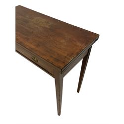 George III mahogany tea table, rectangular fold-over top over frieze drawer, single gate-leg action base, square tapering supports