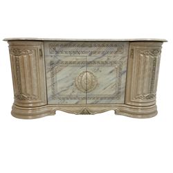 Italian classical style composite marble side cabinet, shaped top over central drawer and two-door cupboard flanked by two single cupboards with moulded column design fronts, on shaped plinth base 