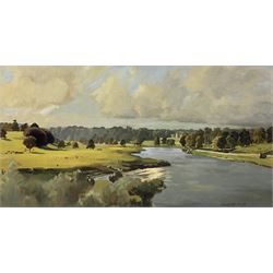 Margaret Peach (British 20th century) Looking Upstream Towards Floor Castle from the River Tweed, oil on canvas signed 40cm x 75cm
