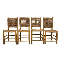 Set four beech framed dining chairs, with wicker lattice back and rush seat, together with matching carver chair 