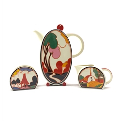 Wedgwood limited edition Clarice Cliff Design 'The Bonjour Coffee Set' comprising 'Bonjour' coffee pot, milk jug and sugar bowl with certificate of authenticity and box