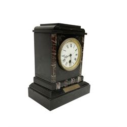 French - 19th century timepiece 8-day slate and marble mantle clock, rectangular case with a shaped pediment and enamel dial, Roman numerals and steel moon hands. No pendulum.