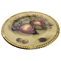 Aynsley Bone China fruit decorated part tea and dinnerware, comprising five dinner plates with gilt gadroon rims, sandwich plate, four teacups, eight saucers and eleven tea plates