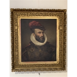 English School - Head and shoulders portrait of Charles Lindley, 2nd Viscount Halifax in Fancy Dress for a Ball at Old Brodsworth, oil on canvas, together with a hand written note  60cm x 50cm 