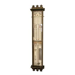 Fitzroy - replica 20th-century cistern barometer in a glazed ebony finished case, with full height paper scales and Admiral Fitzroy's observations, brass sliding pointers, with a spirit thermometer and storm glass, bulb cistern tube with mercury.
