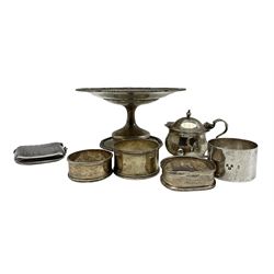 Small silver comport with presentation D14cm London 1919, four silver serviette rings, silver vesta case and a mustard pot 10oz
