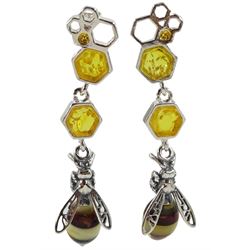 Pair of silver amber honeycomb and bee pendant stud earrings, stamped 925