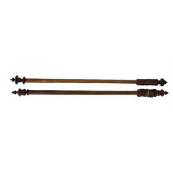 Victorian mahogany curtain pole with sixteen rings and turned finials, L198cm and a matching walnut curtain rail with pine extension and fifteen rings, L198cm (2)