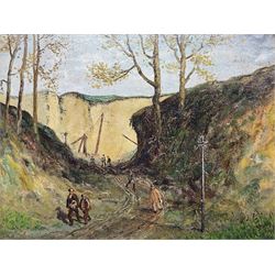 Arthur W Newsholme (British 1920-): Figures Leaving the Quarry, oil on canvas board inscribed verso 26cm x 34cm