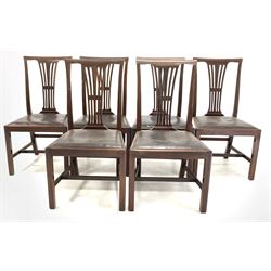 Set six 20th century Georgian style mahogany dining chairs, pierced and shaped splat, drop in leather upholstered seat pads, raised on moulded square supports united by stretcher W52cm