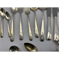 Community 'Milady' pattern cutlery service for twelve settings, lacking six dessert knives and one teaspoon, together with other cutlery including a pierced silver teaspoon with pierced Thistle terminal by Francis Howard, Edinburgh 1966, two similar silver-plated teaspoons, pair of grape scissors, Edwardian mother-of-pearl handled fruit knives and forks, 'Royal Oak' cutlery and other cutlery in one box