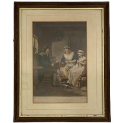 John Raphael Smith (British 1751-1812) after George Morland (British 1763-1804): 'Domestic Happiness'; 'The Elopement;' 'The Virtuous Parent'; 'Dressing for the Masquerade', four coloured stipple engravings from the Laetitia series together with Francesco Bartolozzi R.A. (Italian 1727-1815) after Sir Joshua Reynolds (British 1723-1792): 'Lady Smyth', coloured stipple engraving each 30cm x 19cm (5)
