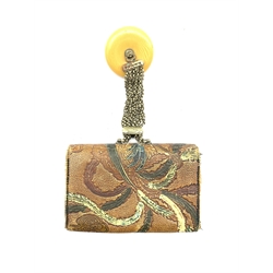 Japanese Meiji tooled leather tobacco pouch (tabako-ire) with metal mae-kanagu in the form of a Dragon and multiple adjustable chain to a faux ivory and metal kagamibuta, L13.5cm 