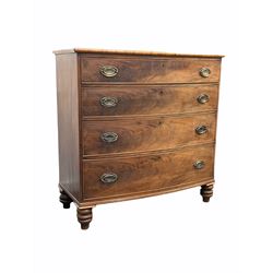 Mid 19th century mahogany bow front chest of drawers with four graduated drawers, raised on turned supports W108cm, H110cm, D52cm