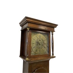 John Wanne - early 18th-century 8-day longcase movement c1730 in a later bespoke oak case, with a flat-topped pediment and square hood door with turned pilasters, long trunk door with a wavy top and conch shell inlay, square plinth with shaped skirting, chapter ring with roman numerals, five-minute Arabic's, minute and inner quarter track, seconds dial and square calendar aperture,  later steel hands and cast spandrels, striking movement with an inner count wheel and recoil anchor escapement. With weights and pendulum.