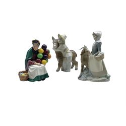 Two Lladro figures, comprising 'Girl with Goat' no.4812 and 'Boy with Donkey' no.1181 together with a Royal Doulton figure, 'The Old Balloon Seller' (3)