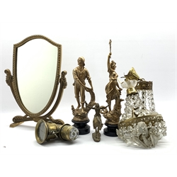  Lucas brass cycle lamp, pair of matched spelter figures, brass model of a Native American Indian on horseback, two matched gilt brass chandeliers with faceted glass drops, dressing table mirror (Please add to description)  