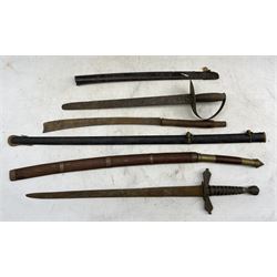 Three Burmese Dha, two kukris, English officers sword, two other swords, Swedish military bayonet, various modern bayonets and number of scabbards