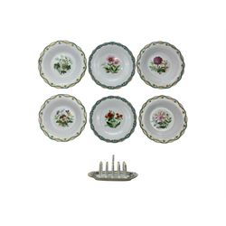 Set of six 19th century porcelain dessert plates, possibly Minton, hand painted with botanical studies, within entwined bleu celeste and gilt border, D23cm together with a similar 19th century porcelain toast rack 