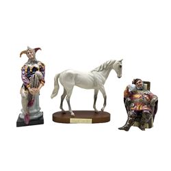 Royal Doulton figure 'The Jester' HN2016, another 'The Foaming Quart' HN2162 and Royal Doulton model of Desert Orchid on wooden plinth