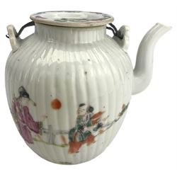 19th century Chinese famille rose teapot, of cylindrical form with entwined handle and gilt fruit knop, the body painted with reserves of birds perched on a flowering branch within a gilt and iron red scroll cartouche, H10cm, together with a 19th century Chinese famille rose teapot, of ribbed ovoid form, painted with figures in a landscape (2) Provenance: From the Estate of the late Dowager Lady St Oswald