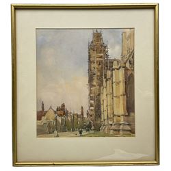 Frederick (Fred) Lawson (British 1888-1968): 'Lincoln' Cathedral under Scaffolding, watercolour signed titled and dated 1929, 27cm x 25cm