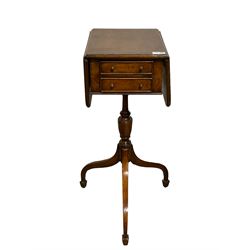 20th century walnut drop leaf work table, the drop leaf top over two oak lined drawers, raised on one turned column leading into three splayed supports, terminating in peg feet