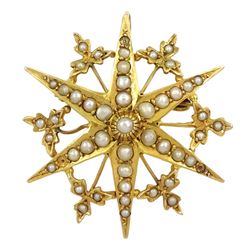 Early 20th century 9ct gold seed pearl star brooch, Birmingham 1914