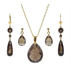 Gold pear shaped brillite cut smokey quartz pendant necklace and two pairs of gold smokey quartz pendant earrings, all 9ct