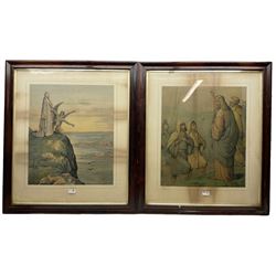 English School (19th Century): Jesus tempted by Satan and Jesus blessing a Fishing Vessel, lithographs with hand colouring, 58cm x 49cm (2)