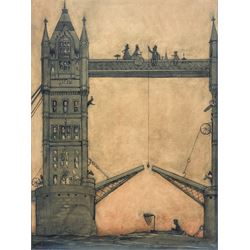William Heath Robinson (British 1872-1944): 'Cracking Nuts on the Tower Bridge', watercolour signed and titled, original label verso 32cm x 23cm