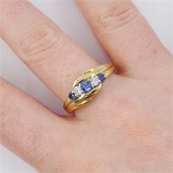 9ct gold five stone round brilliant cut diamond and sapphire crossover ring