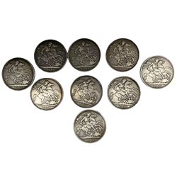 Nine Queen Victoria crown coins, dated two 1889, two 1893, 1896, 1897, 1898, 1899 and 1900 (9)
