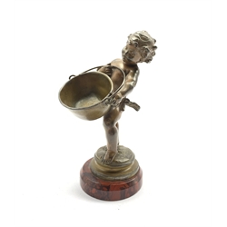 Bronze of a cherubic child carrying a large bowl after Auguste Moreau on marble base H16cm