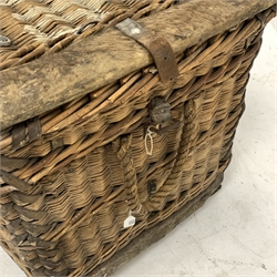 Large early 20th century wicker basket trunk, leather bound with cow hide, fitted with metal lock and hinges, leather straps and rope handles, W100cm, H66cm, D63cm
