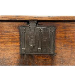 18th century oak coffer or chest, rectangular hinged two plank lid with moulded edge, fitted with wrought metal lock and clasp, on castors