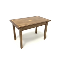 20th century walnut coffee table, rectangular top with fan inlaid spandrels, on square supports, 45cm x 75cm, H50cm