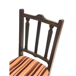 Victorian ebonised bedroom chair with pierced back carved with swags, upholstered seat, turned and fluted front supports, two other Victorian chairs and two Edwardian chairs (5)