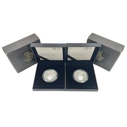 Two The Royal Mint United Kingdom 2018 'The Queen's Beasts' fine silver proof one ounce coins, comprising 'The Black Bull of Clarence' and 'The Red Dragon of Wales', both cased with certificates (2)
