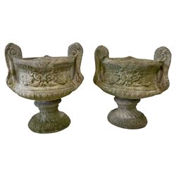 Pair two-piece cast stone garden planters, in the form of handled urns on circular footed bases