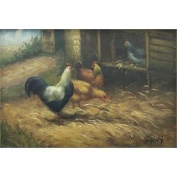 English School (mid 20th century): Feeding the Chickens, oil on panel indistinctly signed, housed in ornate guilt frame 12cm x 17cm 