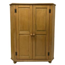 19th century pine low corner cupboard, fitted with two panelled doors opening to reveal three fixed shelves and two small drawers, raised on turned bun feet