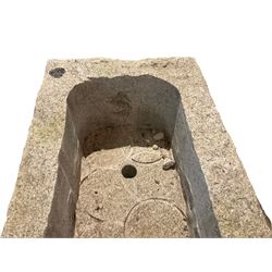 Hewn granite trough or garden planter, rectangular form with tooled edges, the basin with circular pot insets