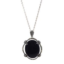 Silver oval black onyx and marcasite pendant necklace, stamped 925