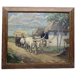 R B David (British early 20th century): Ox Cart and Rice Farmer, oil on board signed 40cm x 48cm