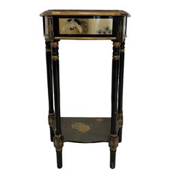 Chinese style lamp or side table, black and gilt finish, decorated with birds in landscape
