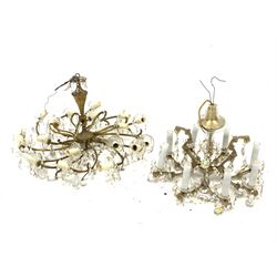 Brass  twelve branch chandelier, with scrolled brass and glass sconces and lustre drops (D81cm) together with another chandelier (D56cm)