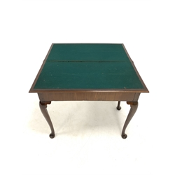 19th century mahogany card table, the fold over top revealing baize lined playing surface, raised on cabriole supports, W91cm